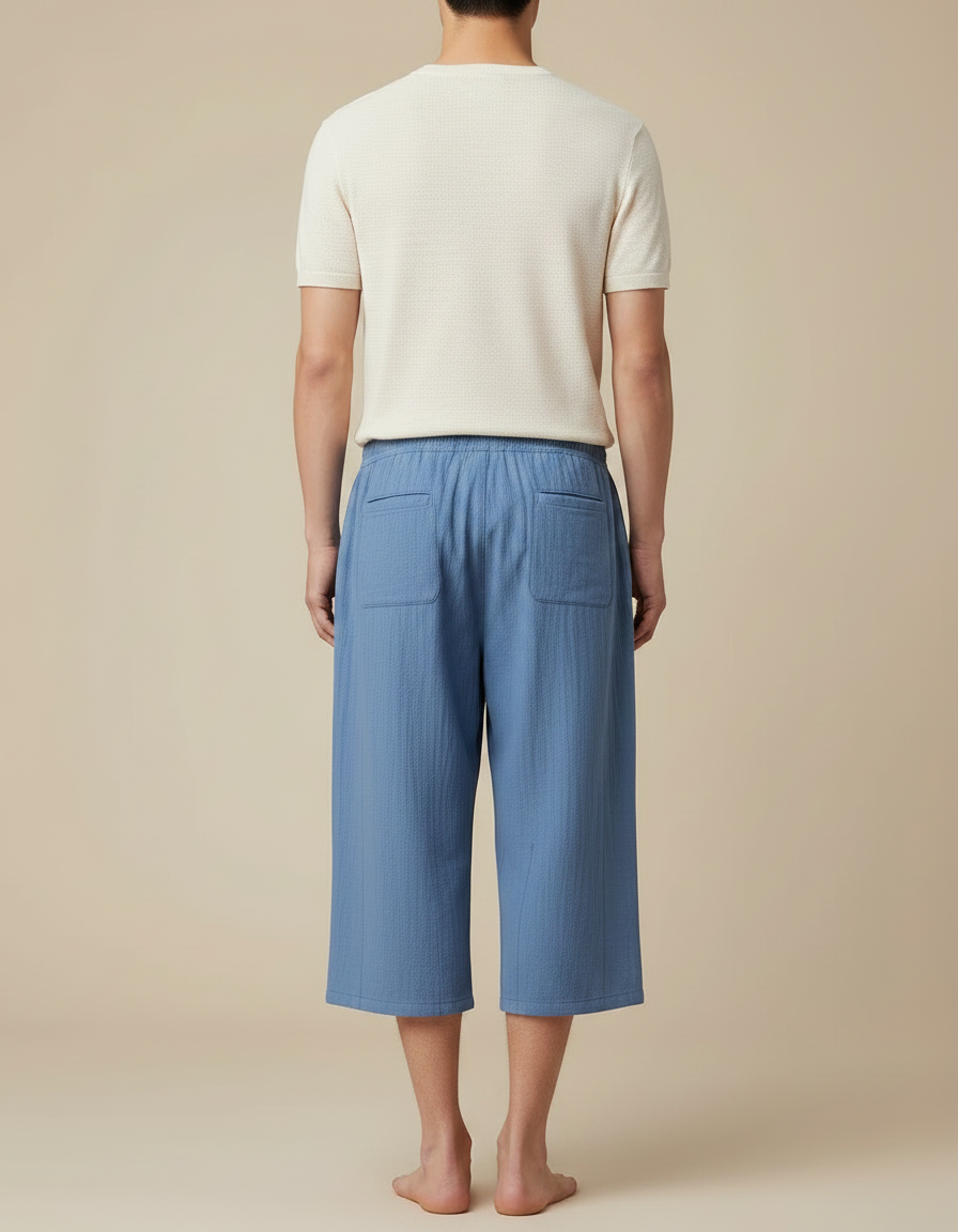 Pantalon Japonais Bleu Coton Ample Court Cordon - vue 2