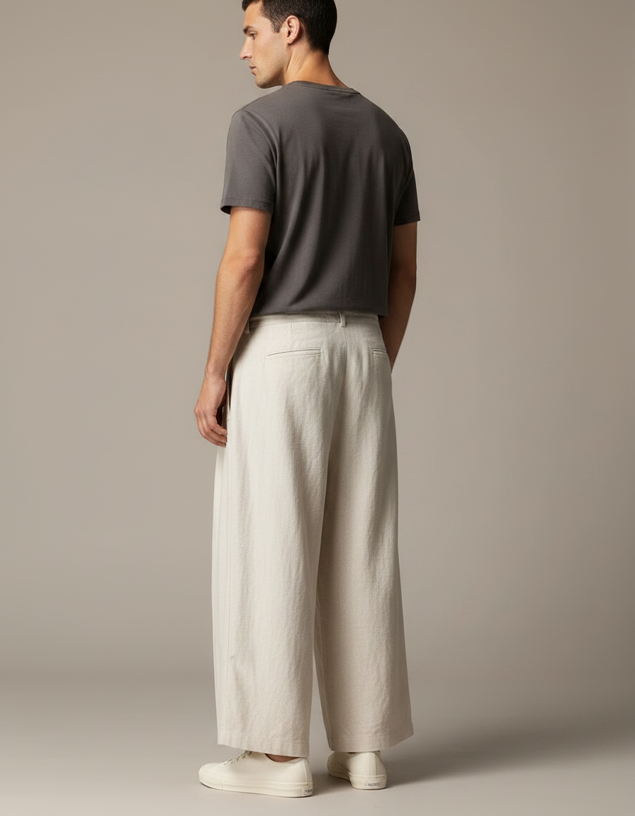Pantalon Japonais Large Lin Ample Beige Décontracté - vue 2