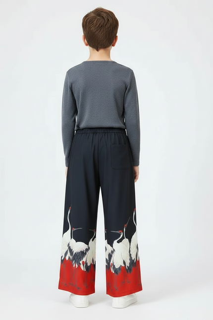 Pantalon Japonais Large Grue Rouge Noir Fluide - Multicolore Viscose - vue 2