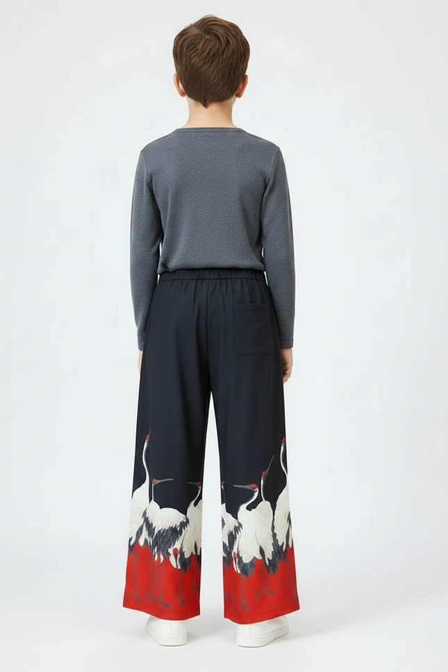 Pantalon Japonais Large Grue Rouge Noir Fluide - Multicolore Viscose - vue 2