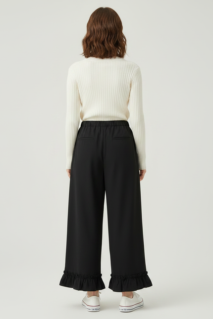 Pantalon Japonais Noir Fluide Ample Volants Fille Décontracté - Polyester - vue 2