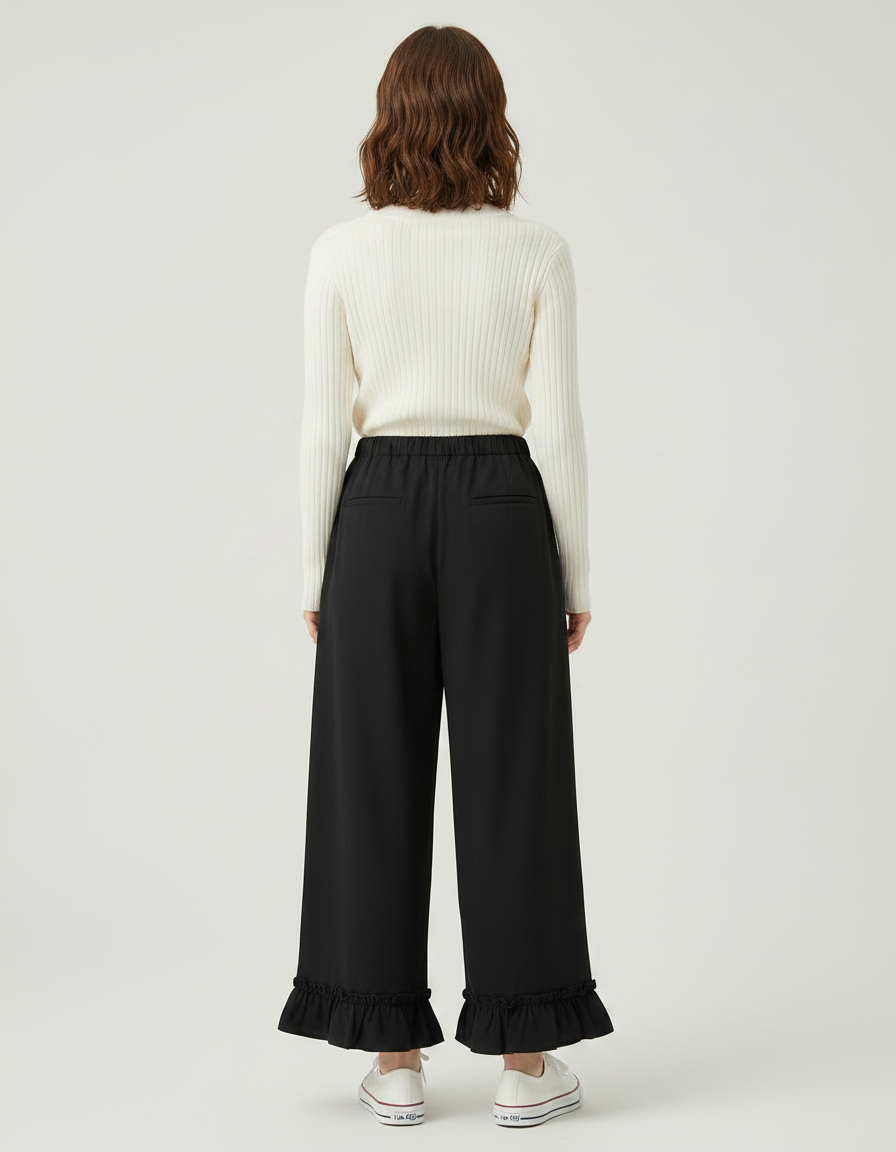 Pantalon Japonais Noir Fluide Ample Volants Fille Décontracté - Polyester - vue 2