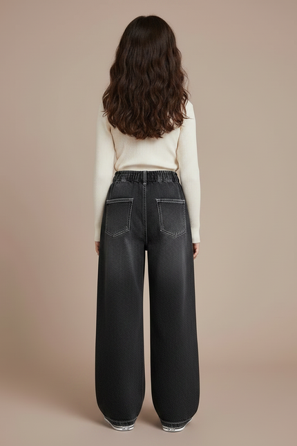 Pantalon Japonais Noir Large Boutons Fille Décontracté - Gris Jean - vue 2
