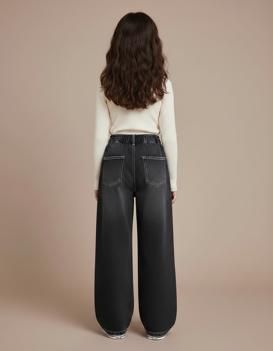 Pantalon Japonais Noir Large Boutons Fille Décontracté - Gris Jean - vue 2
