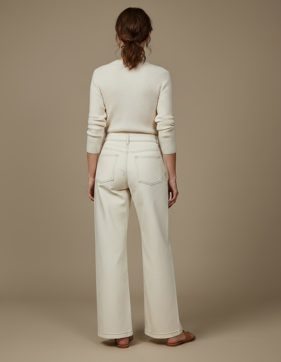 Pantalon Japonais Écru Ample Coton Femme Décontracté - Beige Jean - vue 2