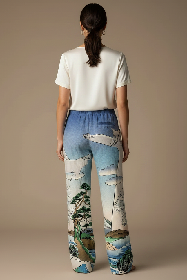 Pantalon Japonais Imprimé Chat Samurai Large Fluide Coton - Multicolore - vue 2