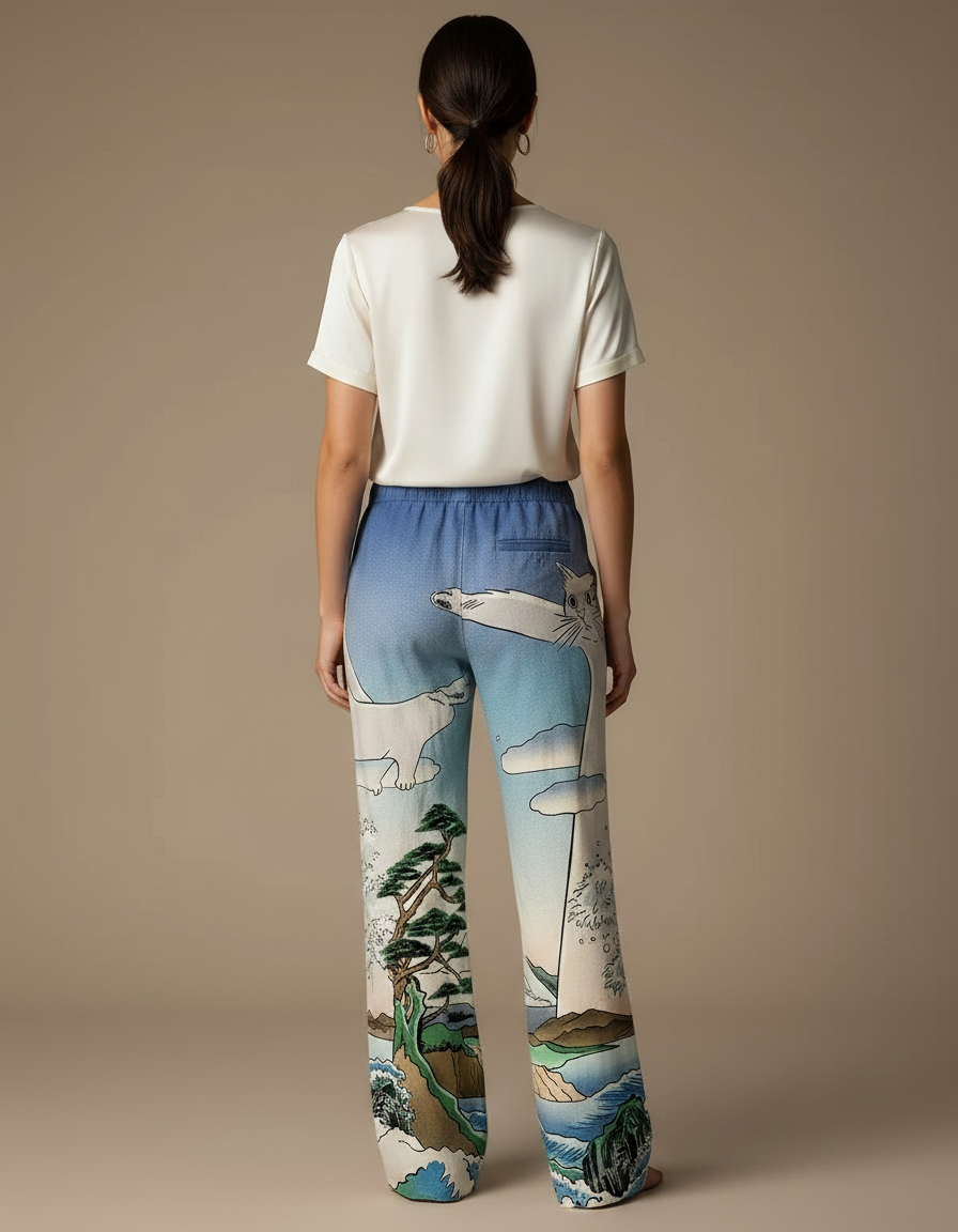 Pantalon Japonais Imprimé Chat Samurai Large Fluide Coton - Multicolore - vue 2