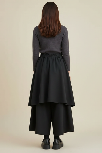 Pantalon Japonais Noir Asymétrique Superposé Fluide Moderne - Polyester - vue 2