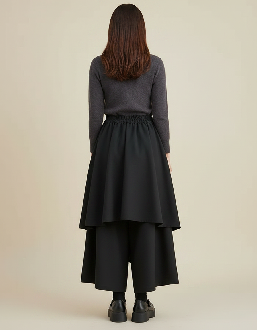 Pantalon Japonais Noir Asymétrique Superposé Fluide Moderne - Polyester - vue 2