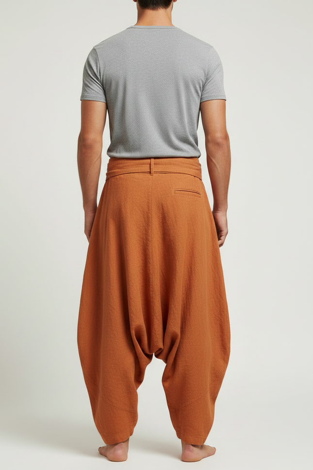 Pantalon Japonais Lin Coton Ample Sarouel Marron Homme - vue 2