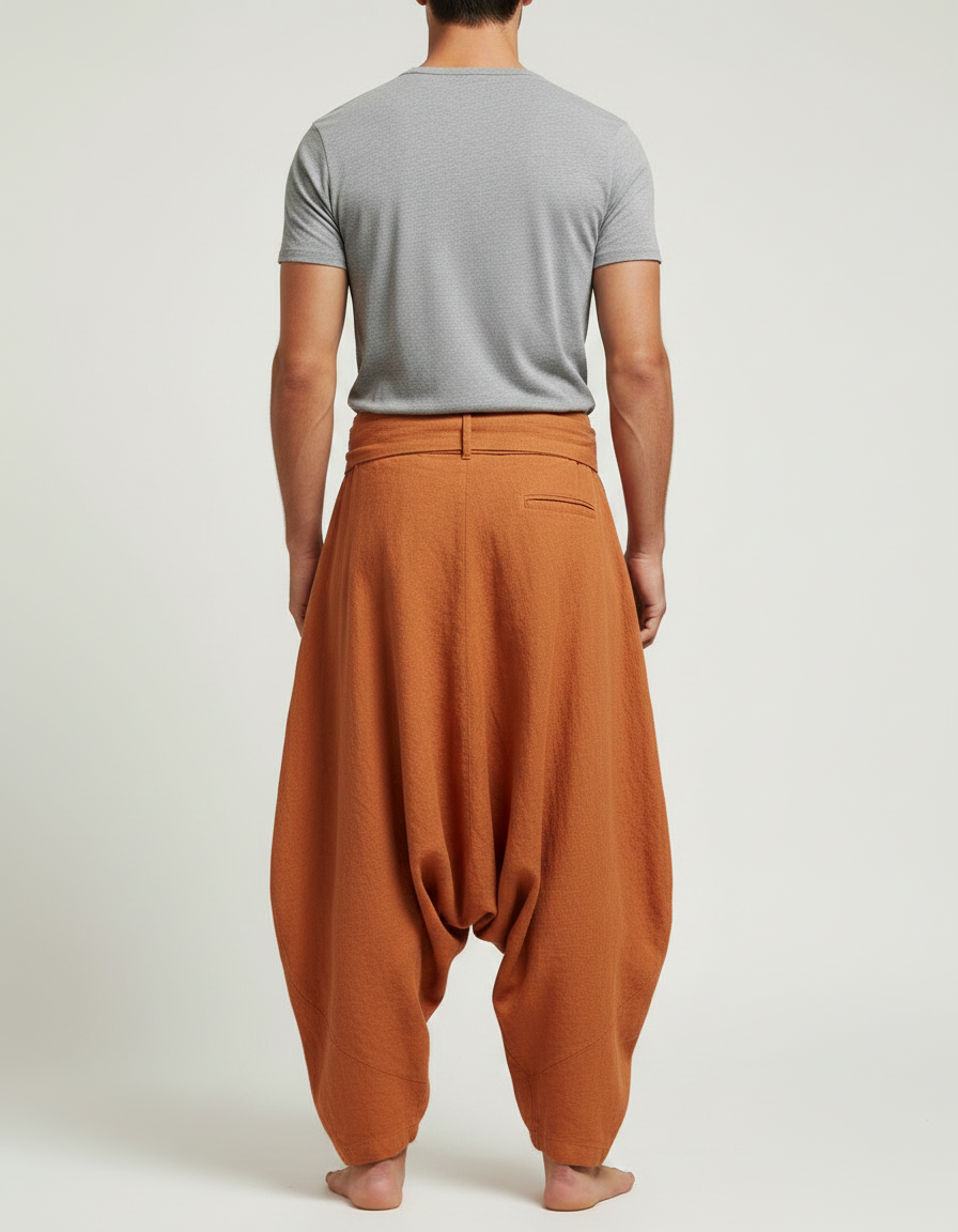 Pantalon Japonais Lin Coton Ample Sarouel Marron Homme - vue 2
