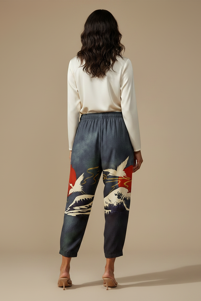 Pantalon Japonais Ample Bleu Grue Rouge Vagues - Viscose - vue 2