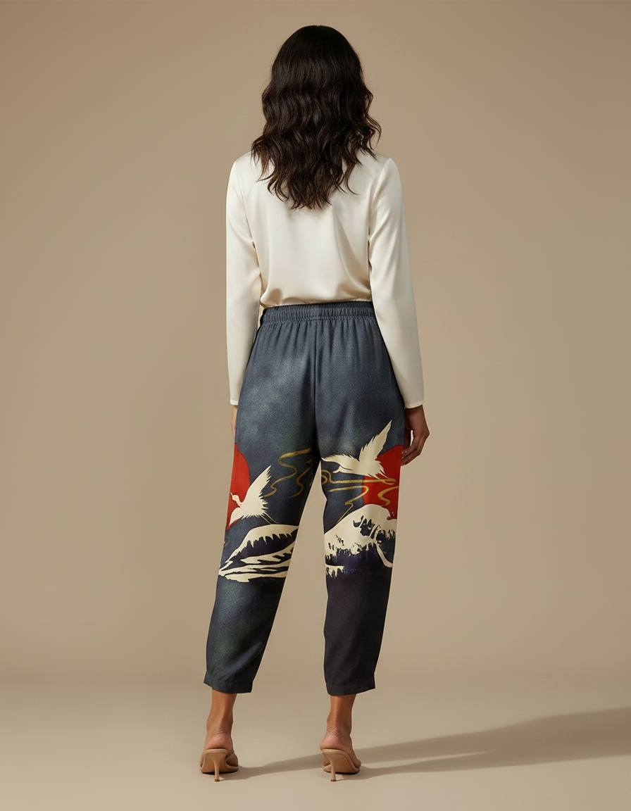 Pantalon Japonais Ample Bleu Grue Rouge Vagues - Viscose - vue 2
