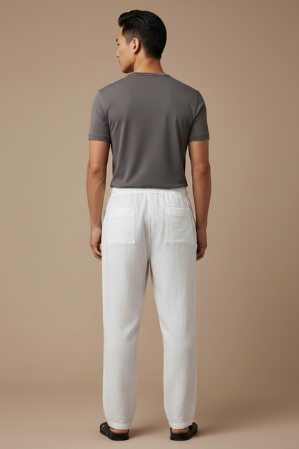 Pantalon Japonais Blanc Lin Ample Cordon Décontracté - vue 2