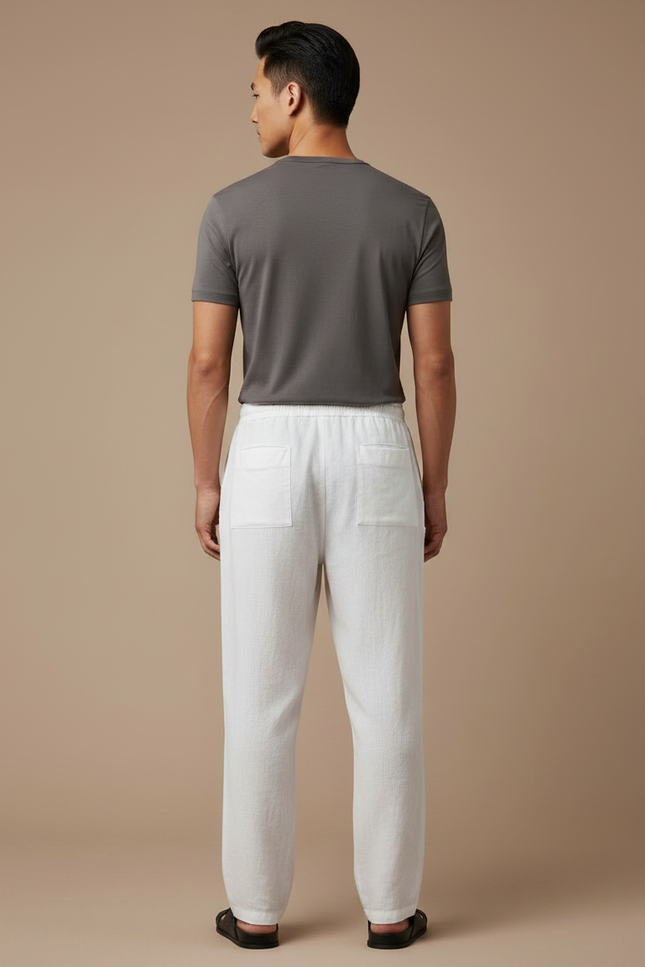 Pantalon Japonais Blanc Lin Ample Cordon Décontracté - vue 2