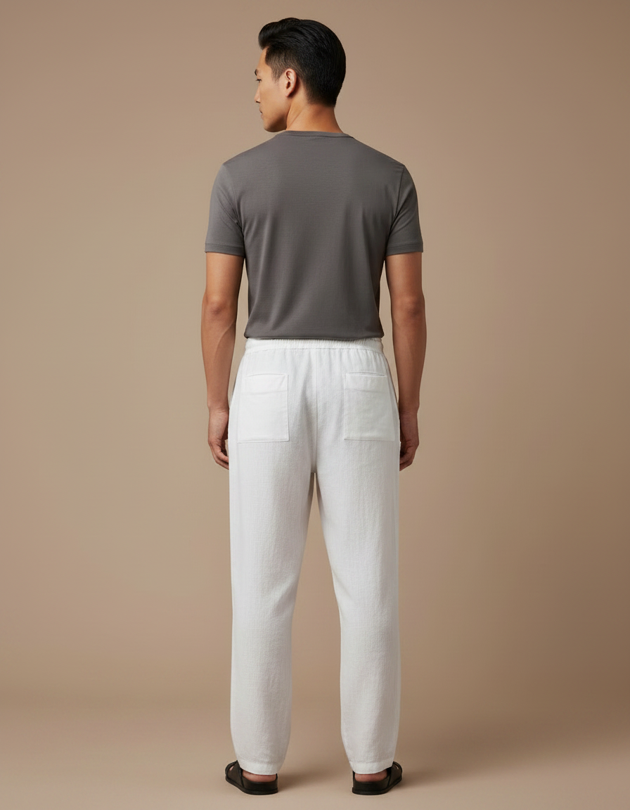 Pantalon Japonais Blanc Lin Ample Cordon Décontracté - vue 2
