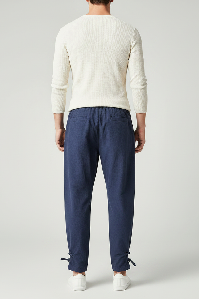 Pantalon Japonais Bleu Marine Lin Ample Liens Cheville - vue 2