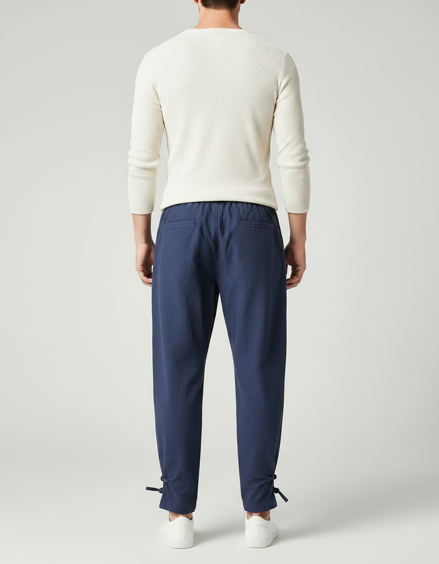 Pantalon Japonais Bleu Marine Lin Ample Liens Cheville - vue 2