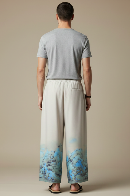 Pantalon Japonais Ample Beige Motif Montagne Décontracté - Viscose - vue 2