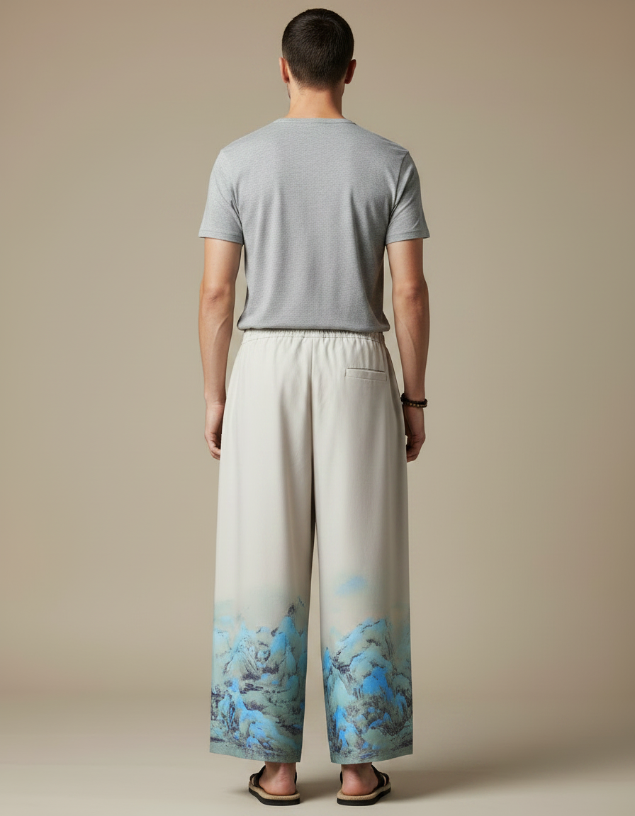 Pantalon Japonais Ample Beige Motif Montagne Décontracté - Viscose - vue 2