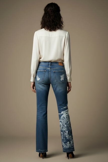 Pantalon Japonais Denim Dragon Imprimé Large Femme - Bleu Jean - vue 2