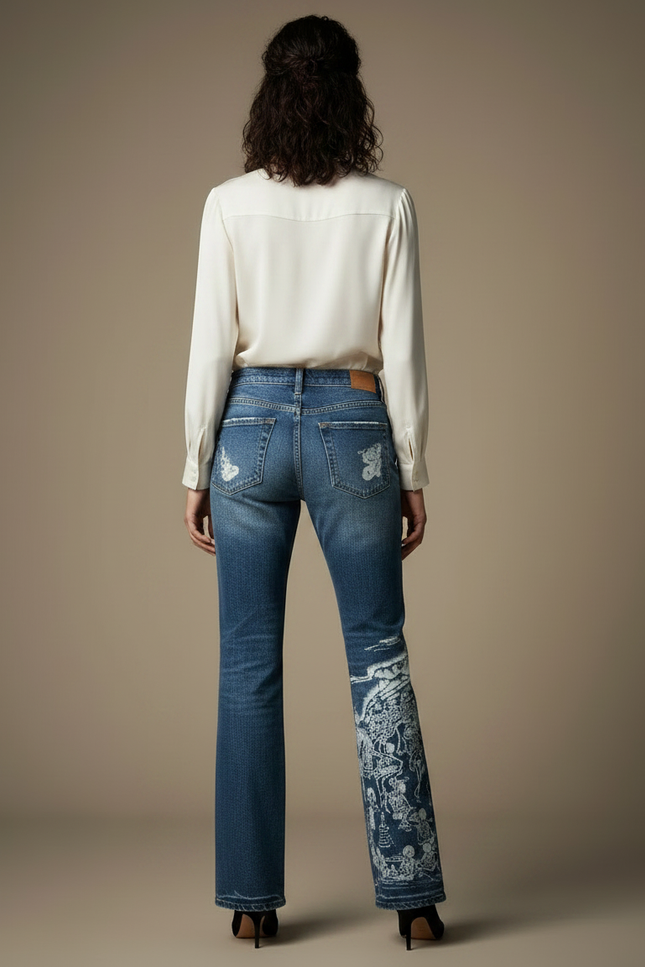 Pantalon Japonais Denim Dragon Imprimé Large Femme - Bleu Jean - vue 2