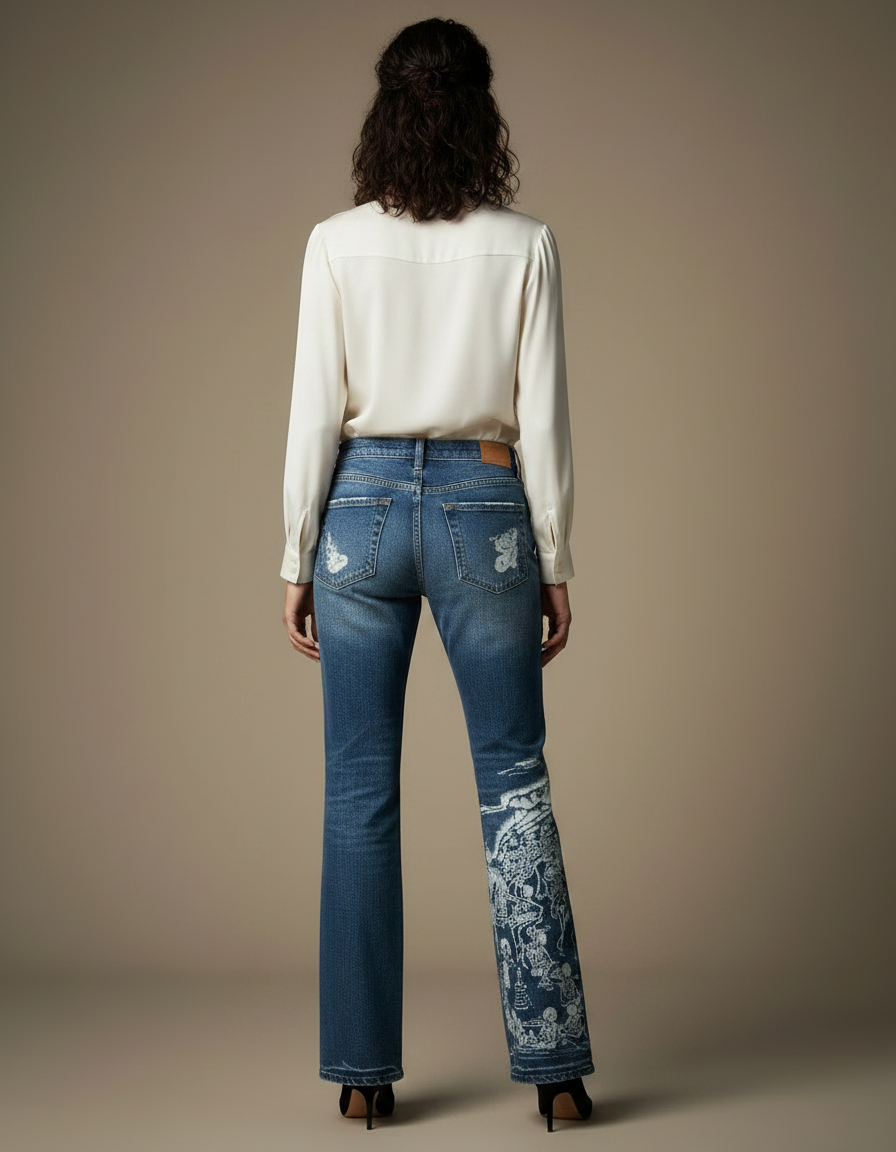 Pantalon Japonais Denim Dragon Imprimé Large Femme - Bleu Jean - vue 2