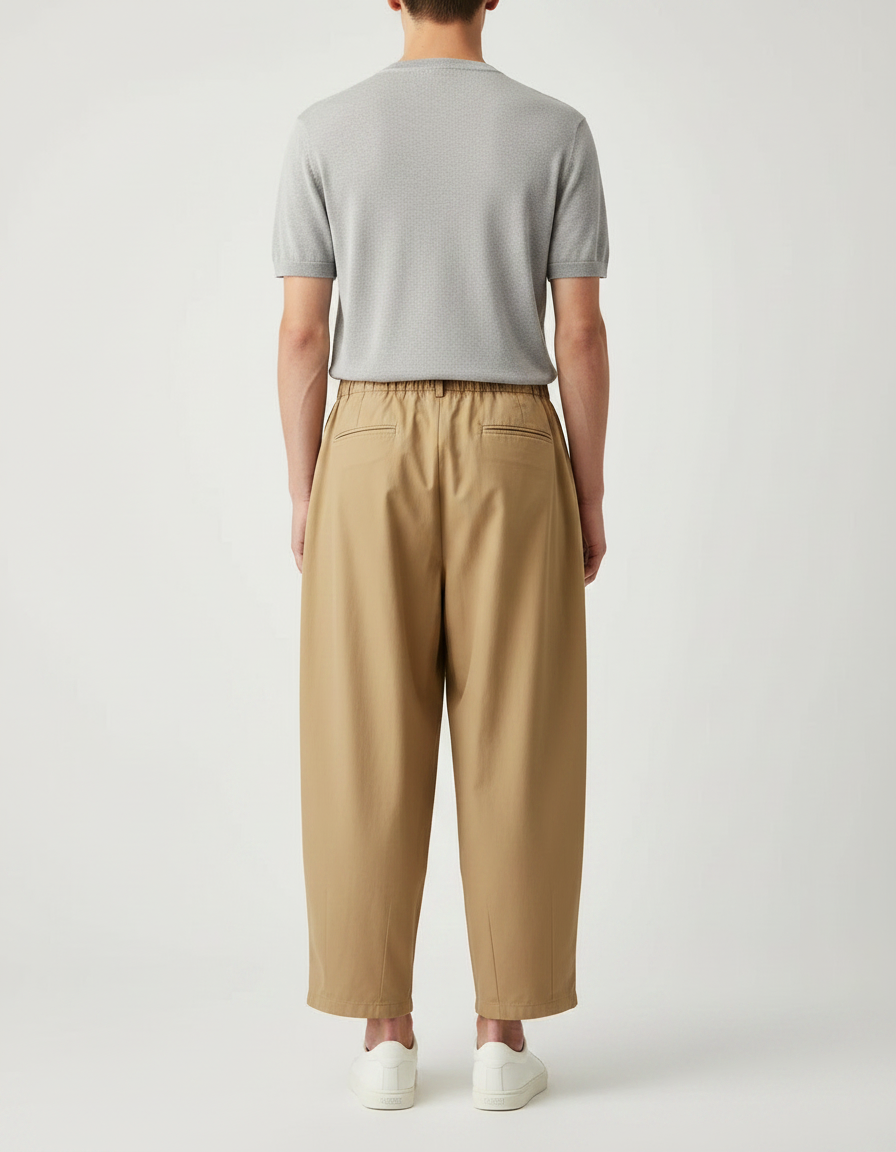 Pantalon Japonais Marron Ample Plissé Coton Décontracté - Camel - vue 2