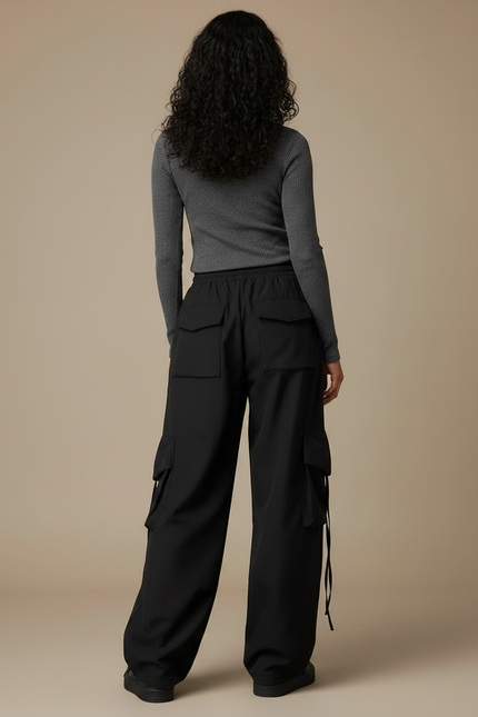 Pantalon Japonais Cargo Noir Ample Cordon Femme - Polyester - vue 2