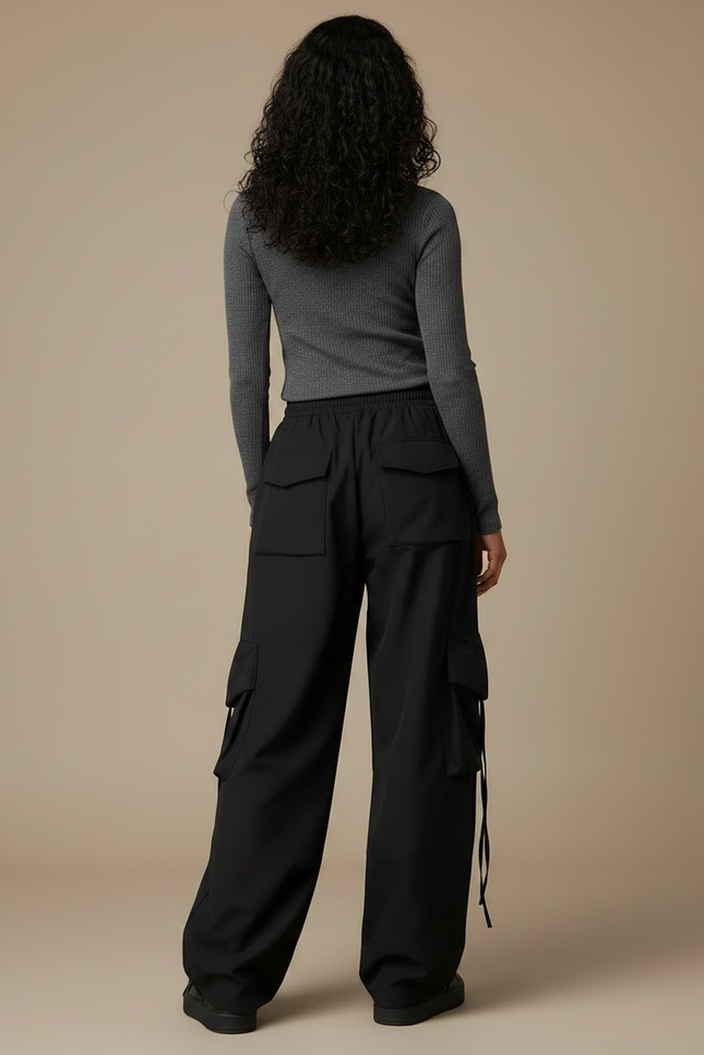 Pantalon Japonais Cargo Noir Ample Cordon Femme - Polyester - vue 2