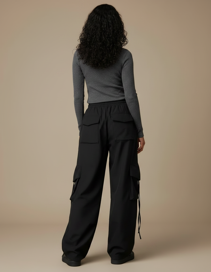 Pantalon Japonais Cargo Noir Ample Cordon Femme - Polyester - vue 2