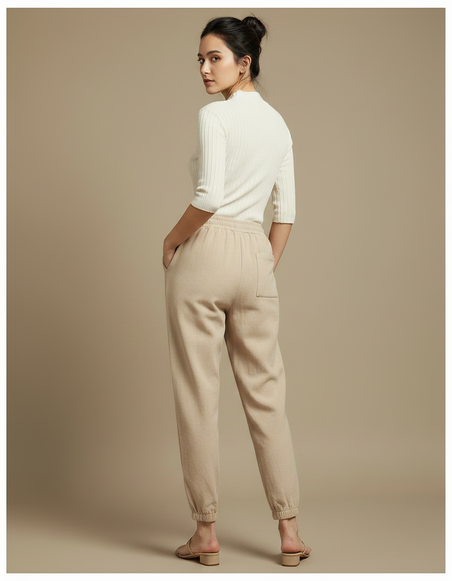 Pantalon Japonais Beige Ample Brodé Coton Décontracté - Molleton - vue 2