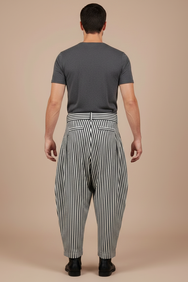 Pantalon Japonais Rayé Noir Blanc Plissé Ceinturé Ample Homme - Multicolore Coton - vue 2