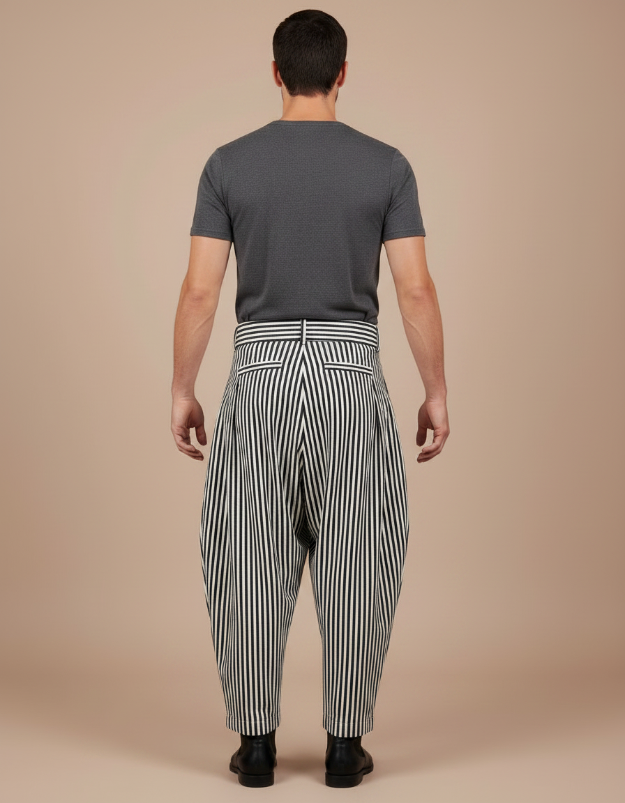 Pantalon Japonais Rayé Noir Blanc Plissé Ceinturé Ample Homme - Multicolore Coton - vue 2