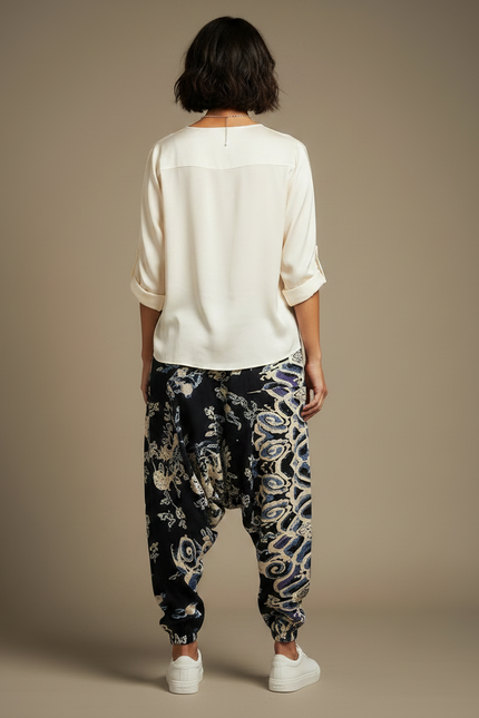 Pantalon Japonais Harem Noir Imprimé Ethnique Fluide - Viscose - vue 2
