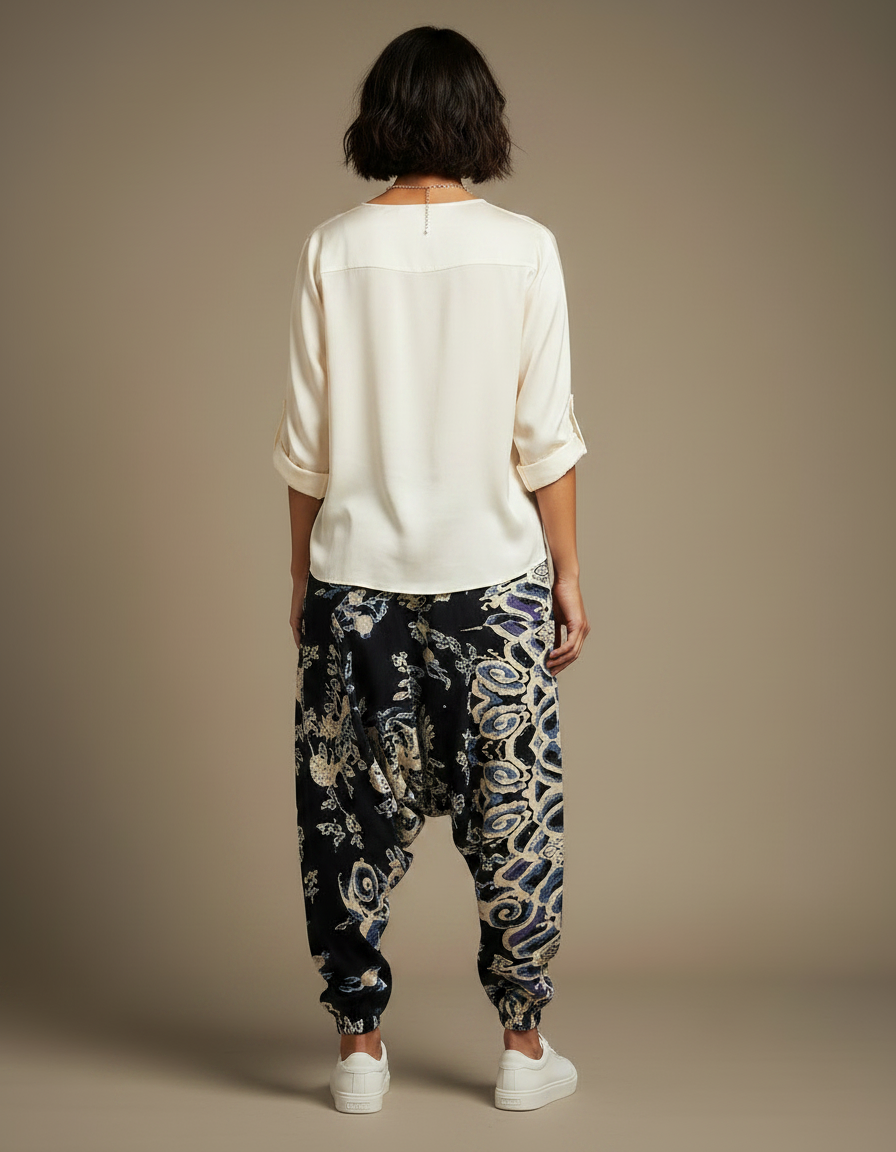 Pantalon Japonais Harem Noir Imprimé Ethnique Fluide - Viscose - vue 2