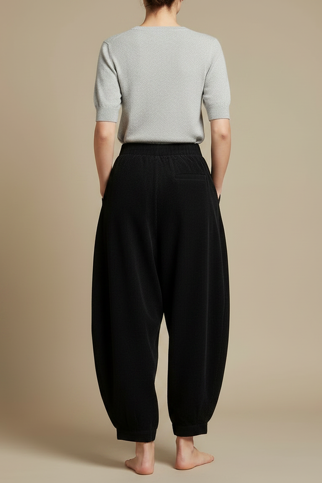Pantalon Japonais Velours Côtelé Noir Ample Harem - Cordé - vue 2
