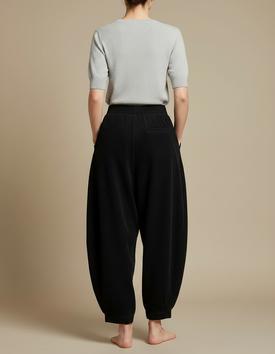 Pantalon Japonais Velours Côtelé Noir Ample Harem - Cordé - vue 2