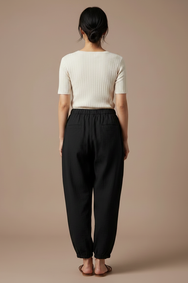Pantalon Japonais Noir Fluide Ample Coton - Lin - vue 2