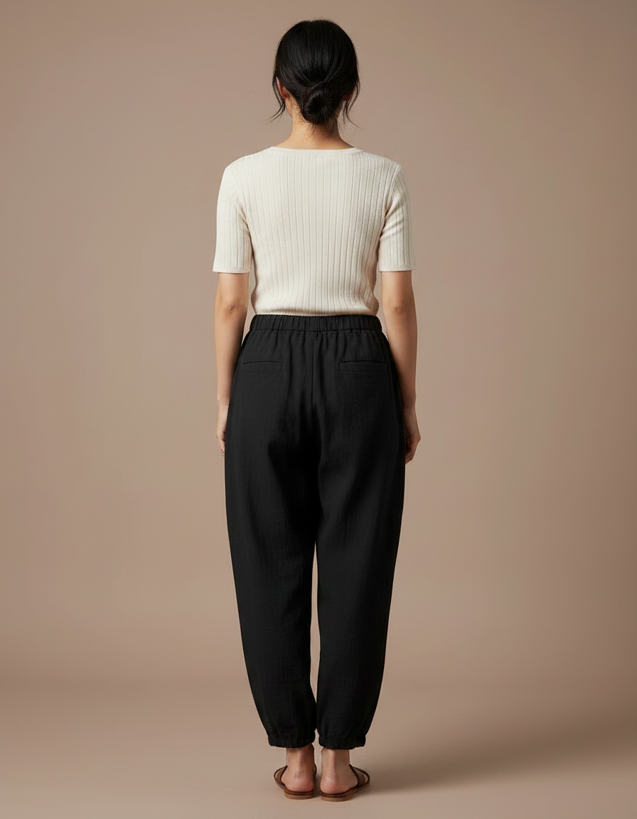 Pantalon Japonais Noir Fluide Ample Coton - Lin - vue 2