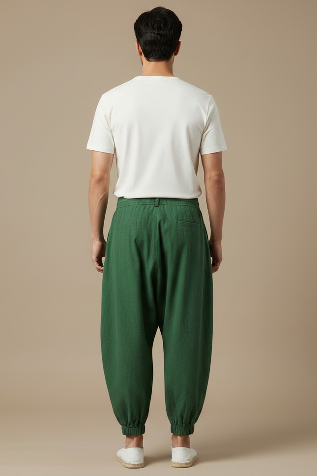 Pantalon Japonais Harem Vert Coton Ample Plissé - vue 2