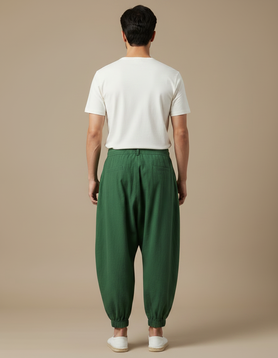 Pantalon Japonais Harem Vert Coton Ample Plissé - vue 2
