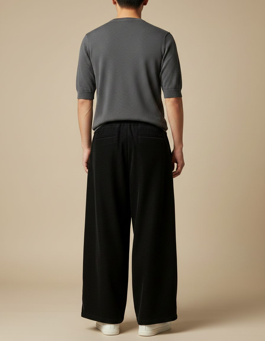 Pantalon Japonais Noir Ample Côtelé Casual Homme - Cordé - vue 2