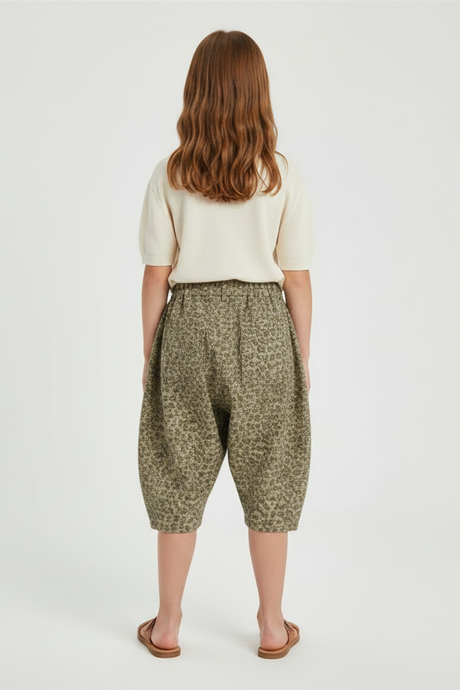 Pantalon Japonais Fleuri Vert Ample Enfant Décontracté - Kaki Coton - vue 2