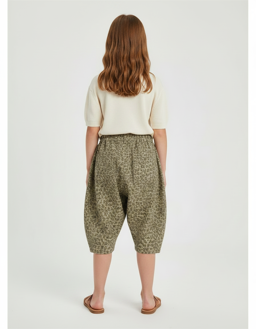 Pantalon Japonais Fleuri Vert Ample Enfant Décontracté - Kaki Coton - vue 2