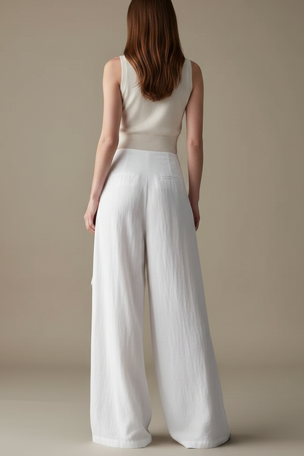 Pantalon Japonais Blanc Fluide Jupe-culotte Dentelle Asymétrique - Lin - vue 2