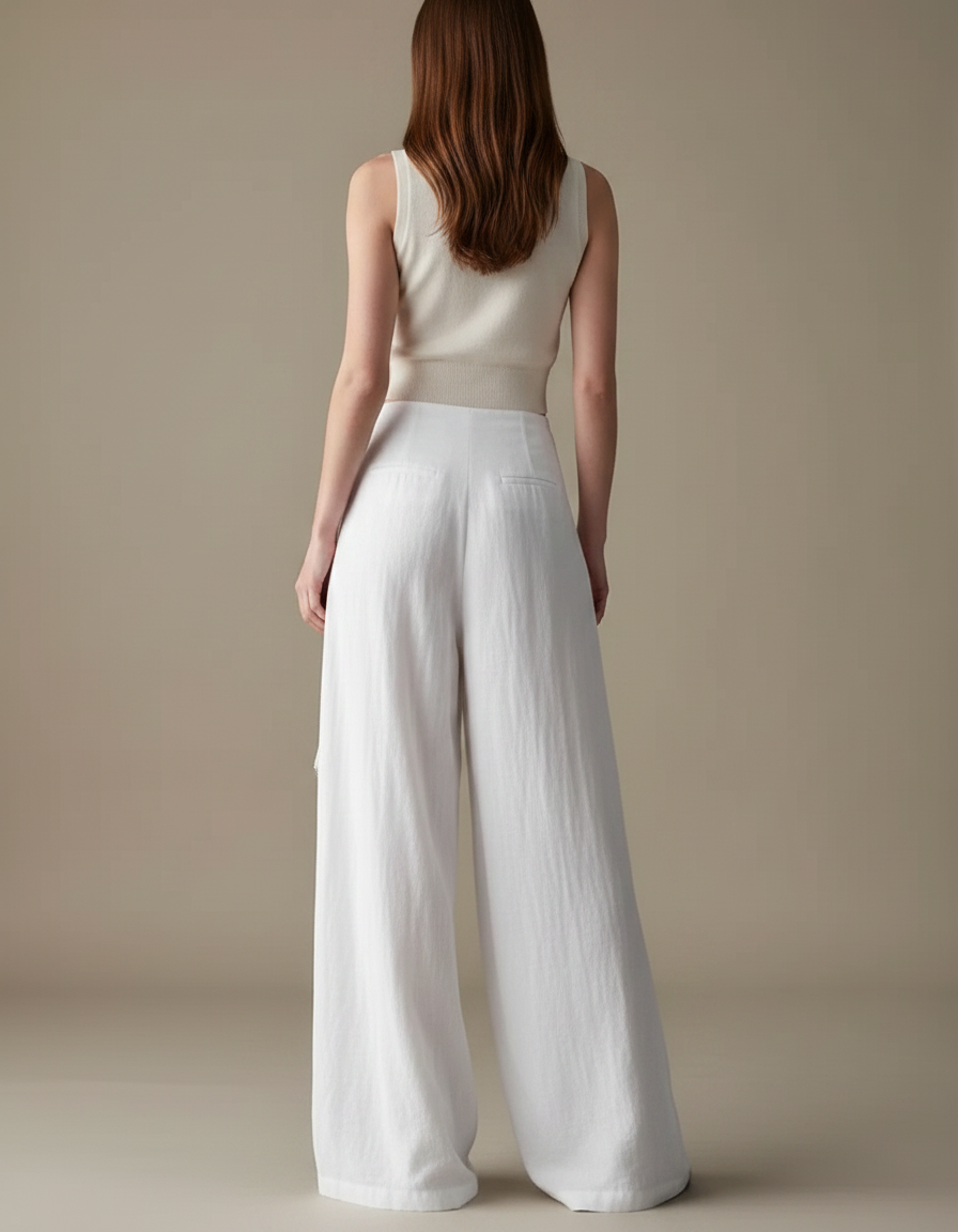 Pantalon Japonais Blanc Fluide Jupe-culotte Dentelle Asymétrique - Lin - vue 2