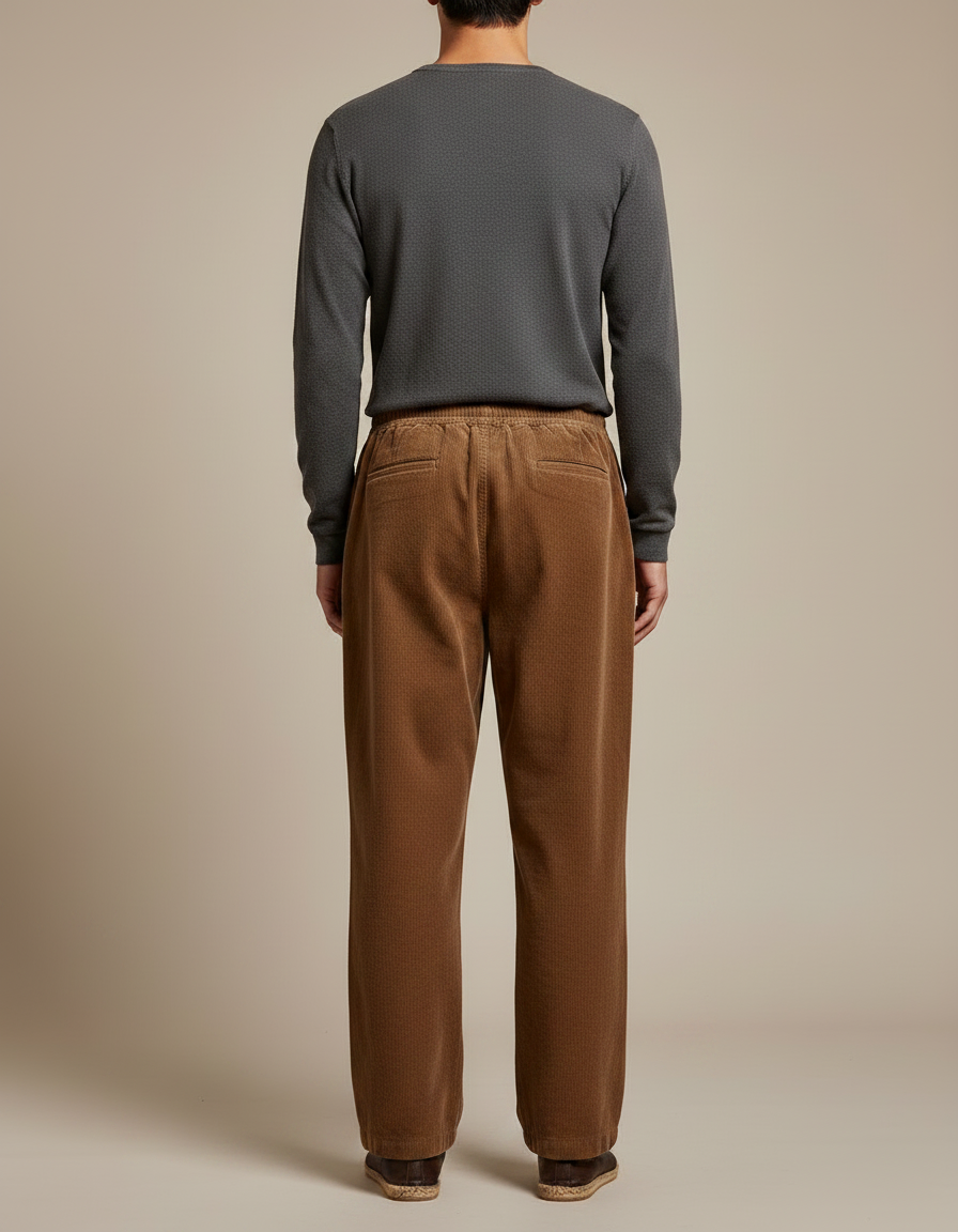 Pantalon Japonais Velours Côtelé Marron Ample Élastique Confortable - Cordé - vue 2