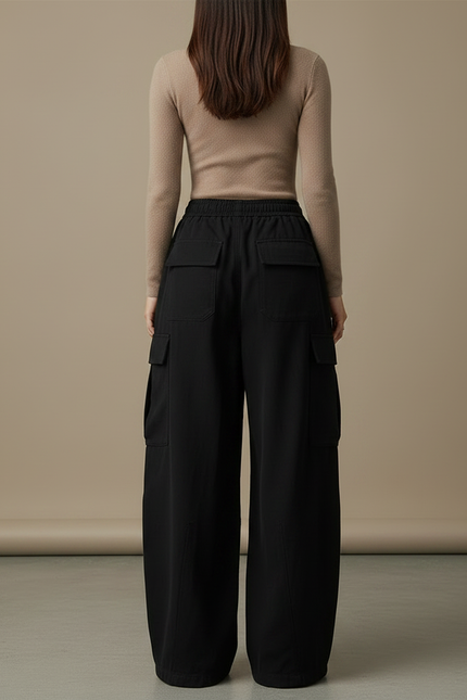 Pantalon Japonais Cargo Noir Ample Décontracté Femme - Gabardine - vue 2