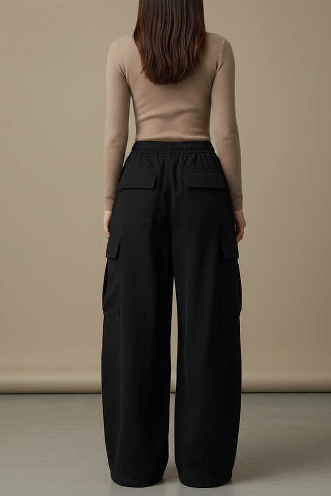 Pantalon Japonais Cargo Noir Ample Décontracté Femme - Gabardine - vue 2
